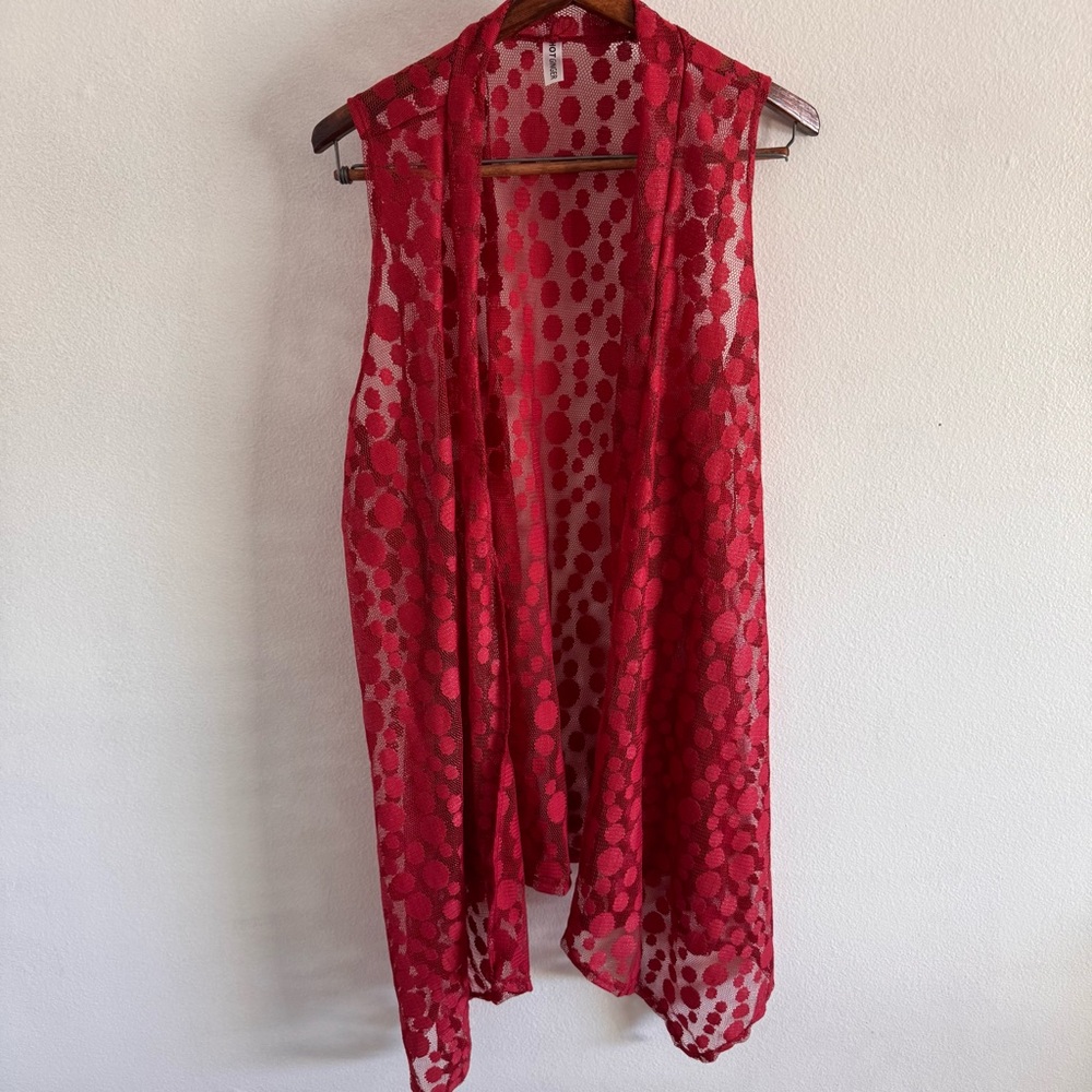 Hot Ginger Women’s 3X Longline Sheer Dot Red Sleeveless Cardigan Made in USA
